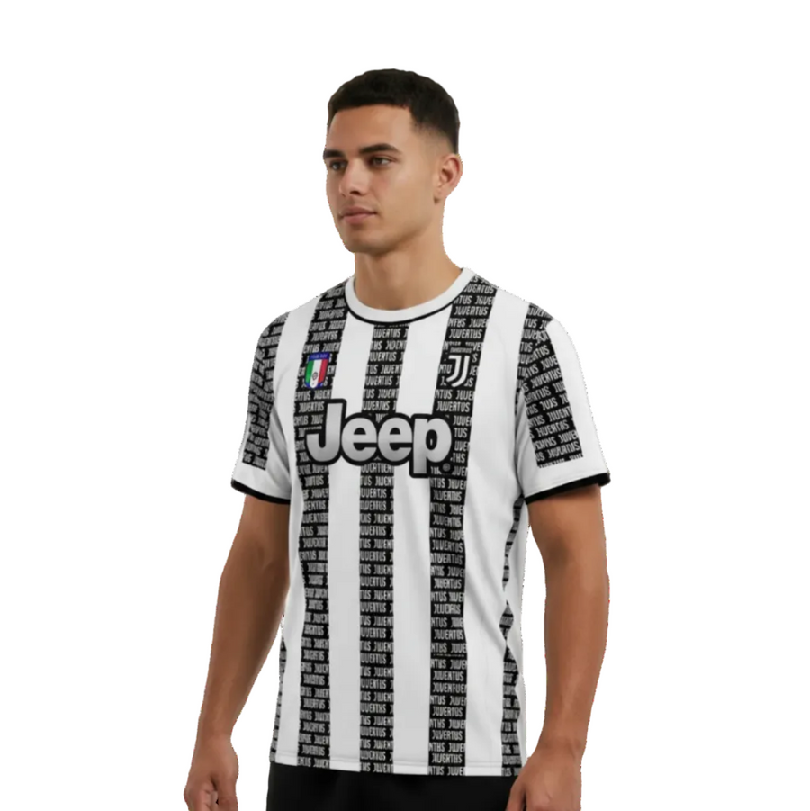 Person wearing a Juventus soccer jersey with black and white design on a plain background