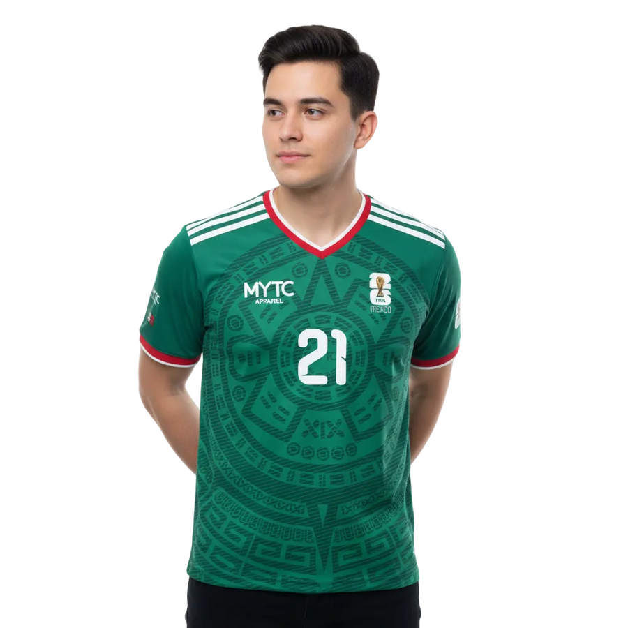 Person wearing a green sports jersey with number 21 on a white background