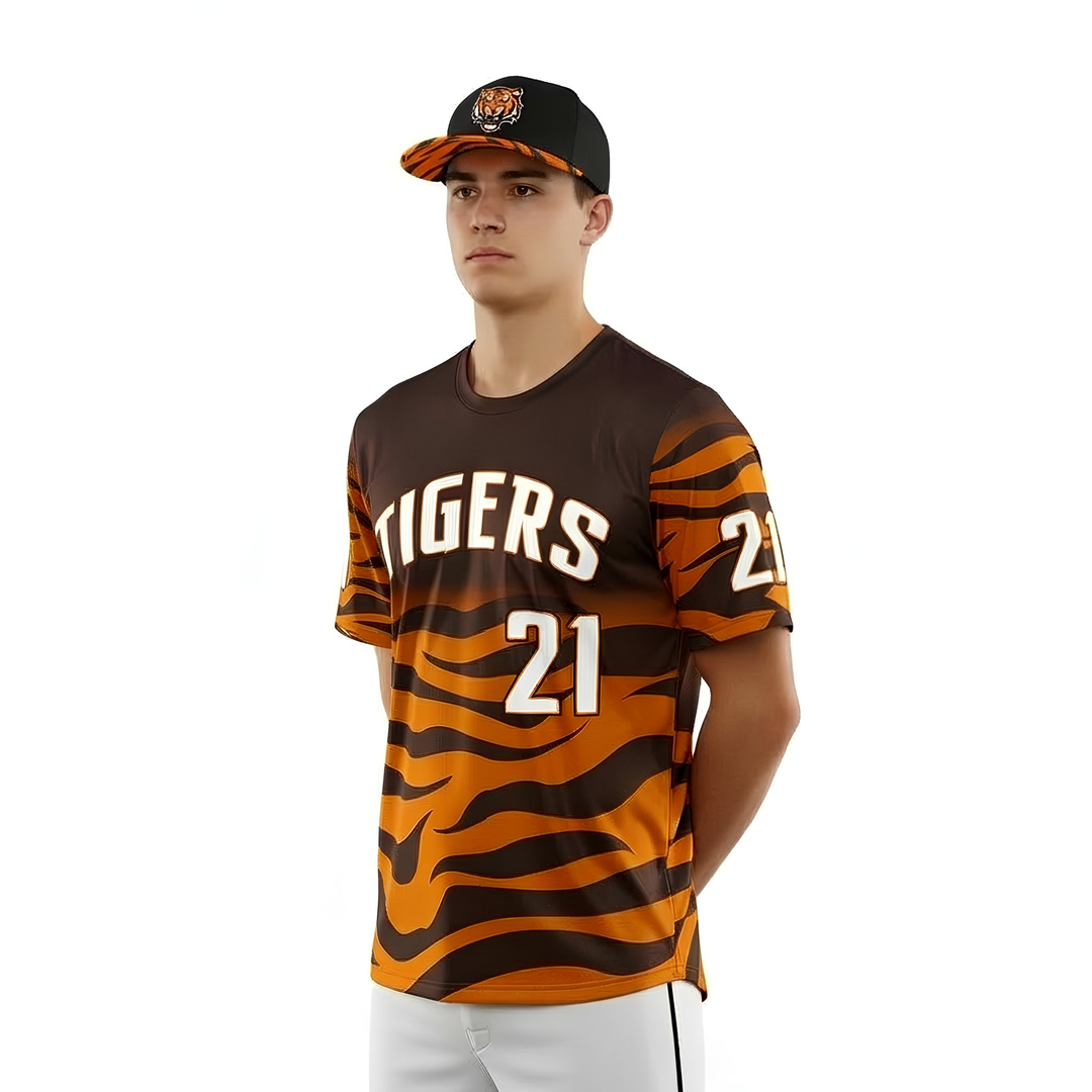 Person wearing a tiger-striped sports jersey with 'Tigers' and number '21' on a white background