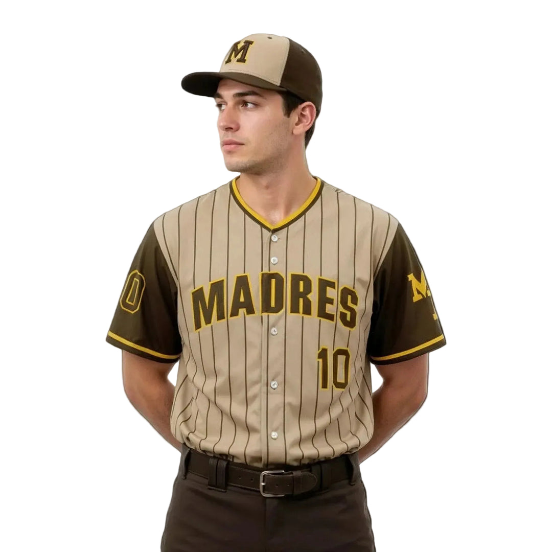 Person wearing a baseball uniform with 'MADRES' and number '10' on a white background