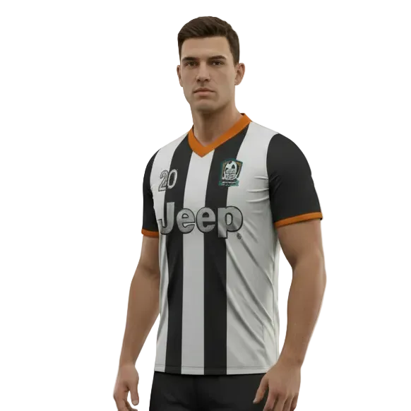 Person wearing a black and white striped soccer jersey with 'Juventus' branding on a white background