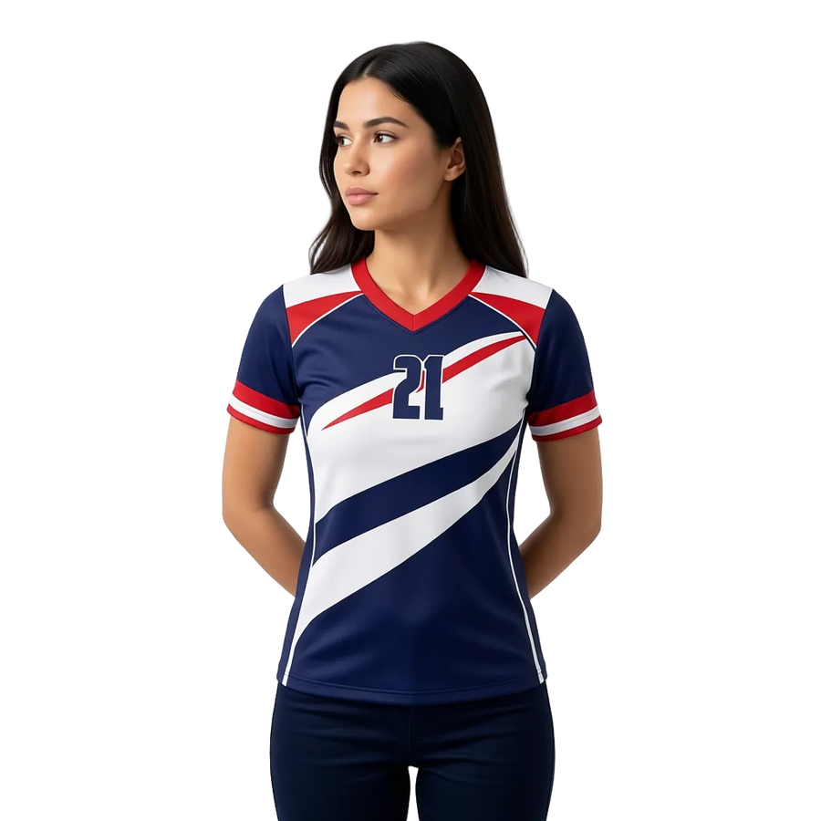 Woman wearing a sports jersey with blue, white, and red design on a white background