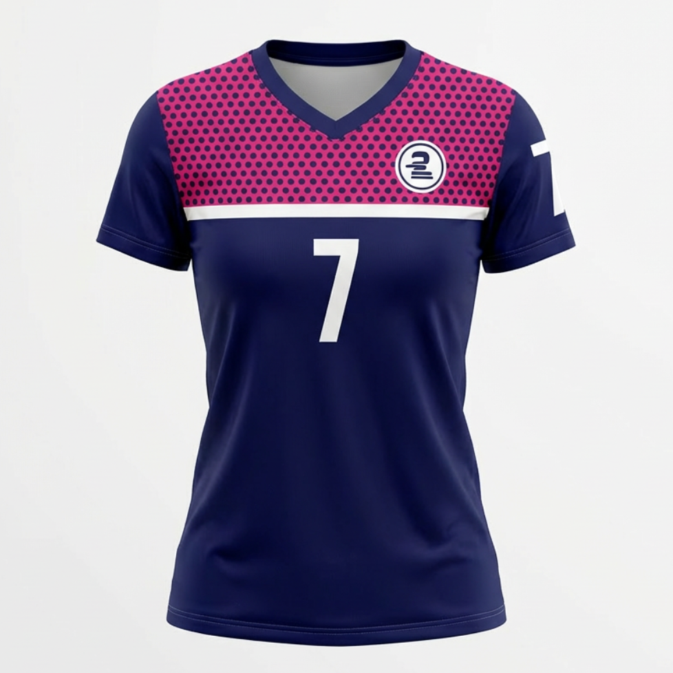 Navy and pink sports jersey with number 7 on a light gray background
