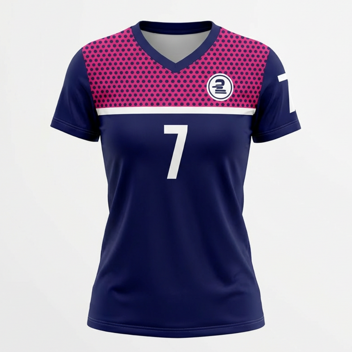 Navy and pink sports jersey with number 7 on a light gray background
