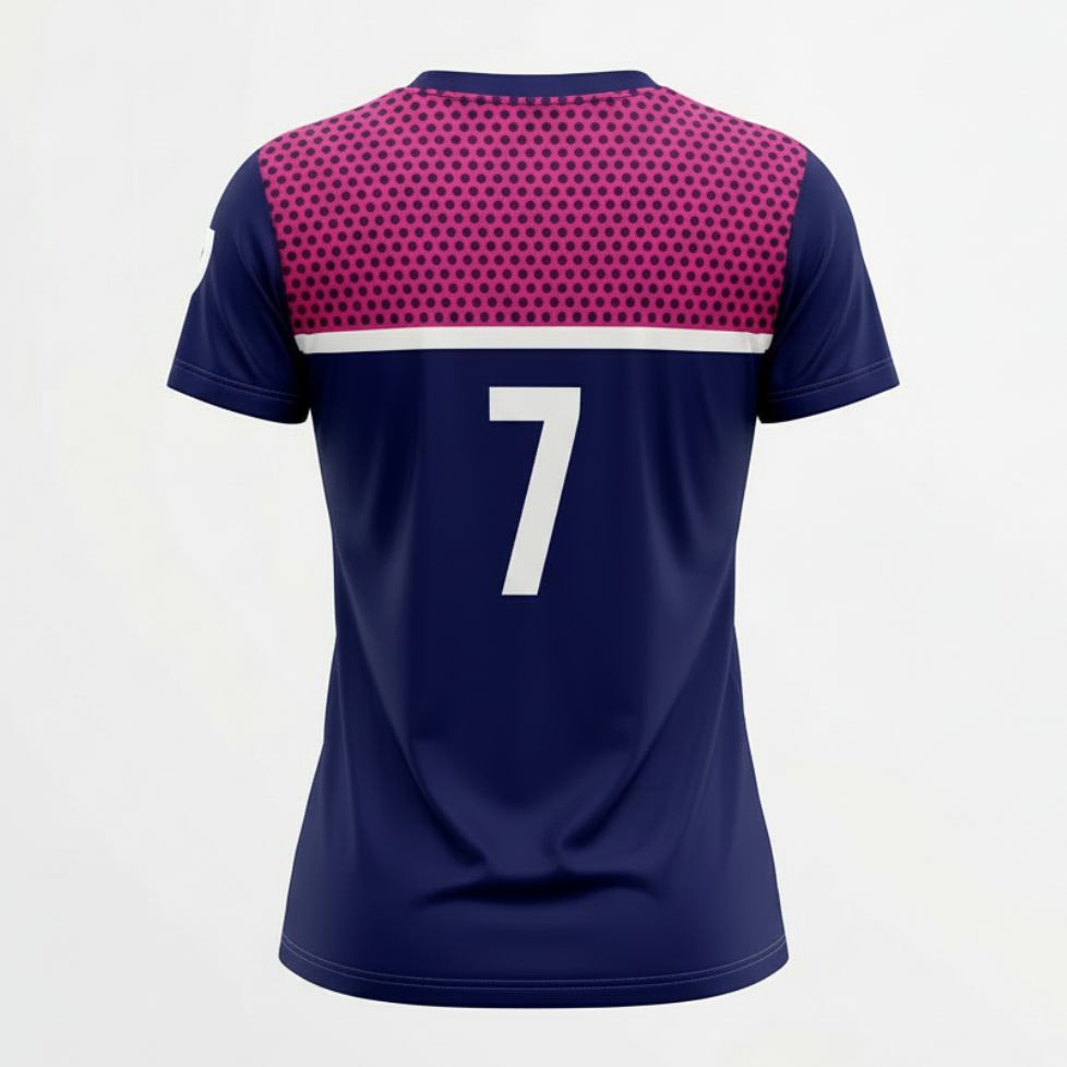 Navy blue sports jersey with pink and white accents on a light gray background