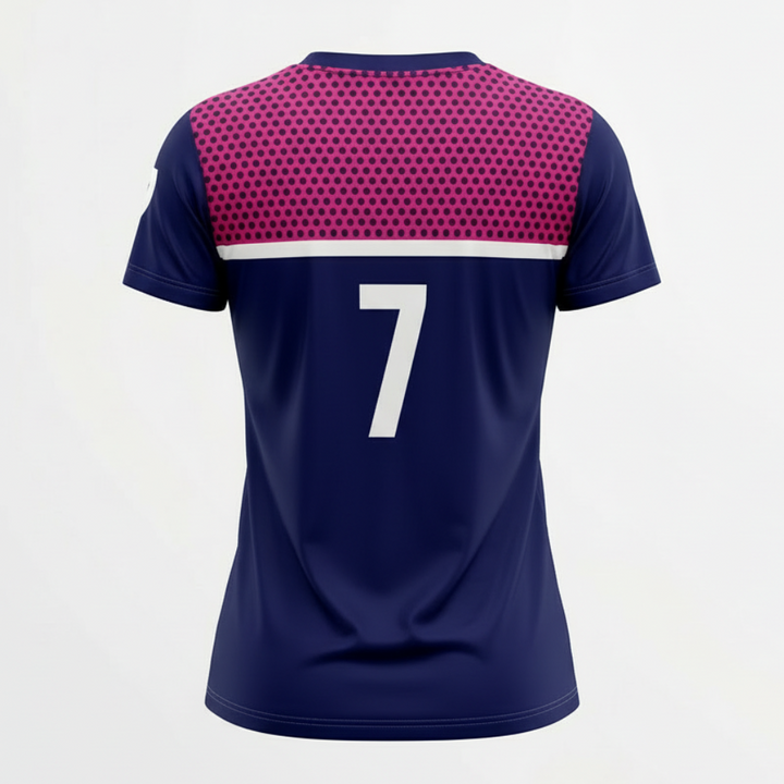 Navy blue sports jersey with pink and white accents on a light gray background