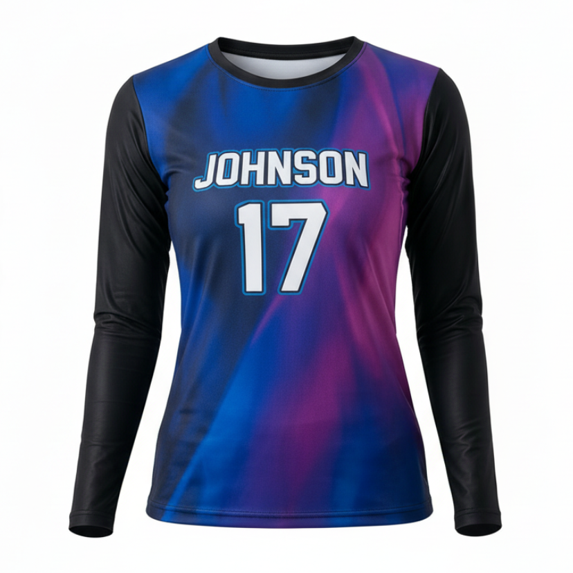 Long-sleeve sports jersey with gradient design, 'Johnson' and number '17' on a white background