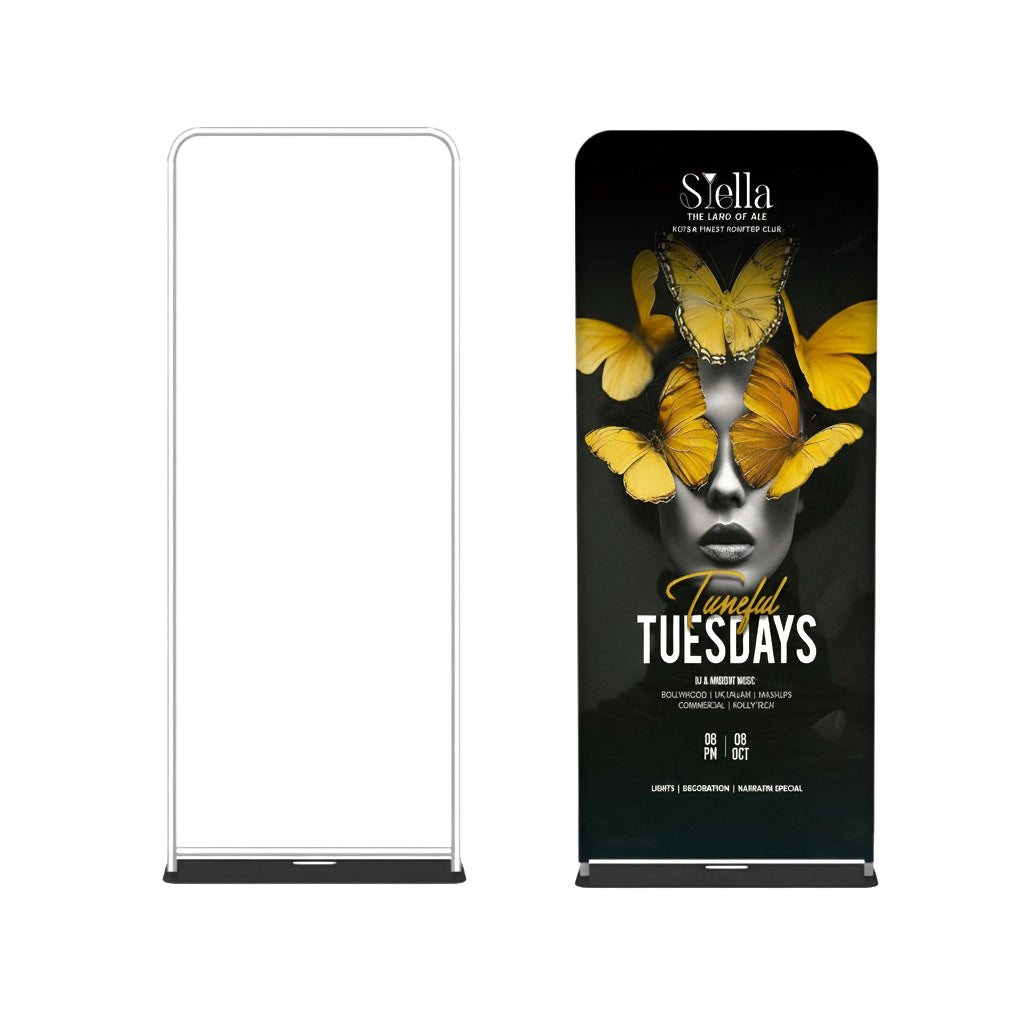 Promotional banner with butterfly design and text on a stand against a white background