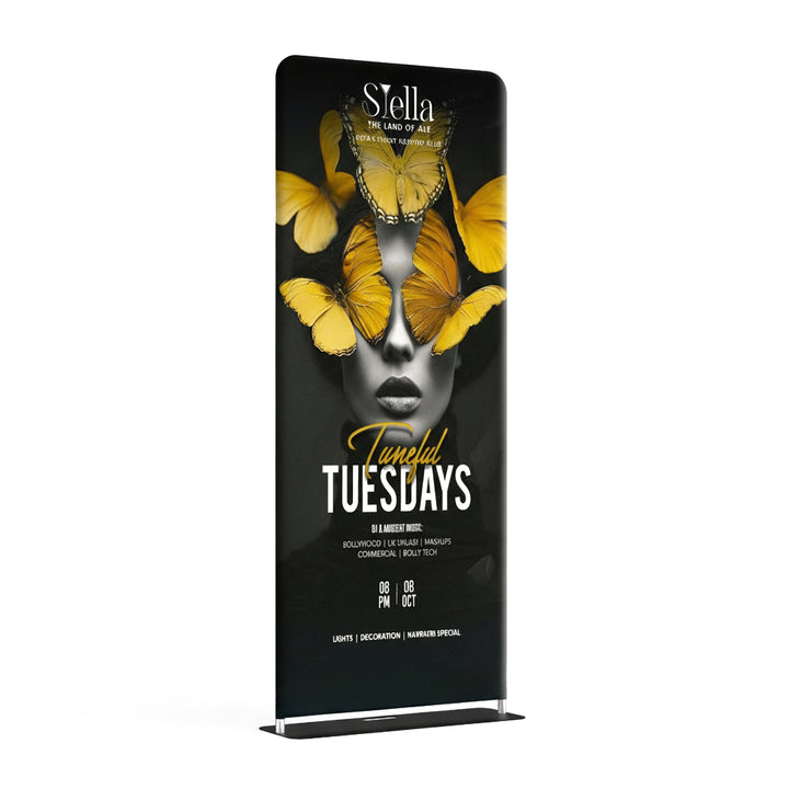 Promotional banner with yellow butterflies and text on a black background