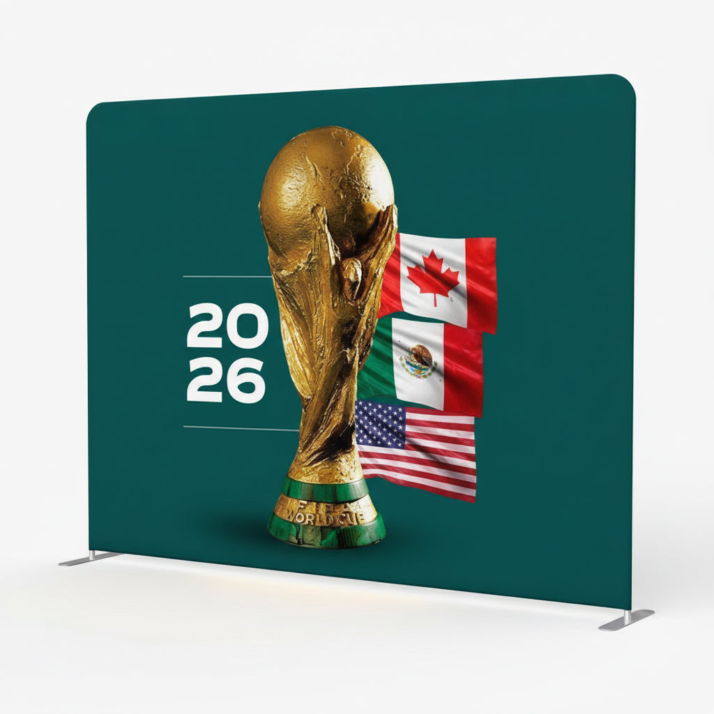 World Cup trophy with flags on a green backdrop