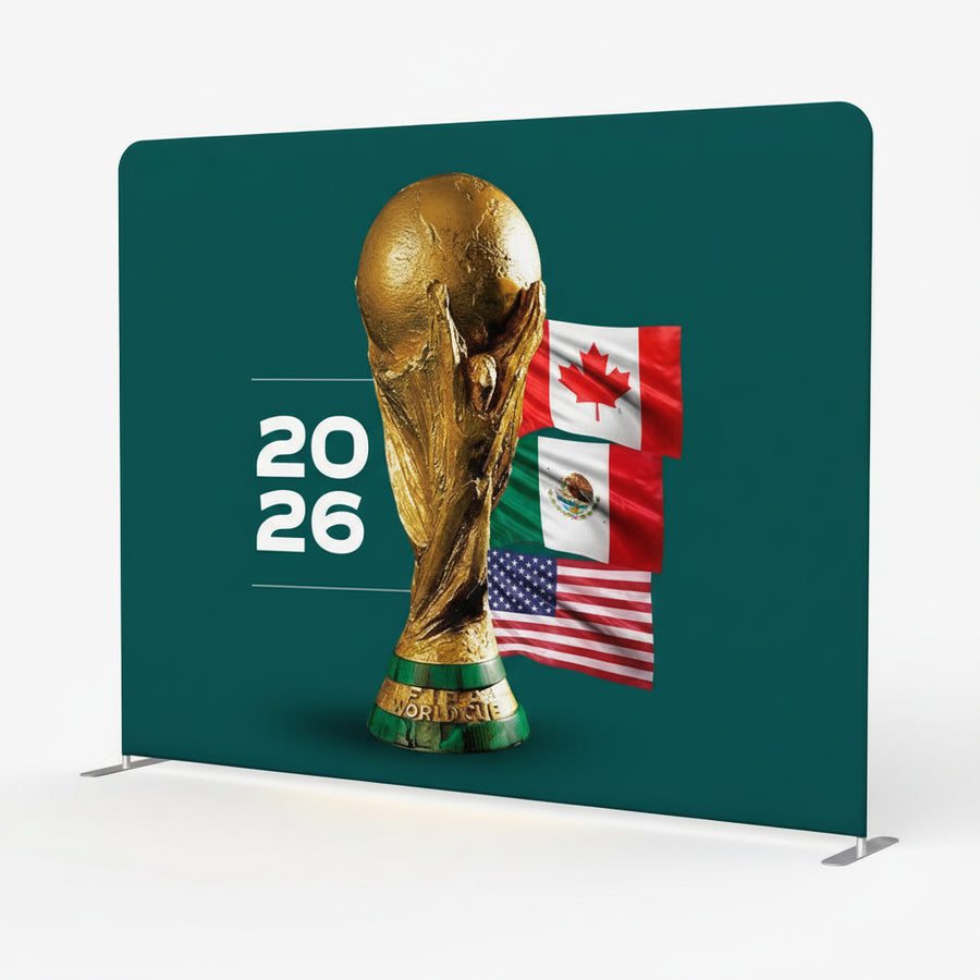 World Cup trophy with flags on a green backdrop