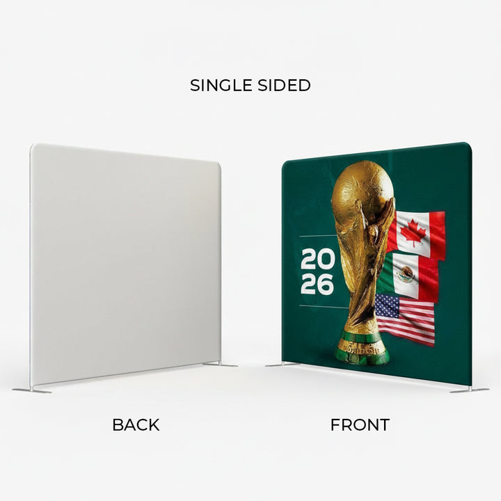Display board with World Cup trophy and flags on front, white back, labeled 'Single Sided'.