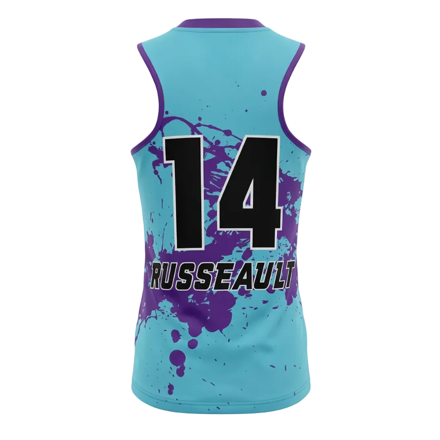 Teal sports jersey with purple splatter design, number and text on a light gray background