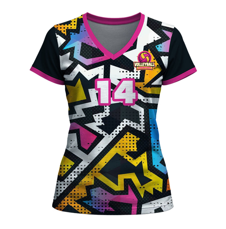 Jersey de manga corta de voleibol con cuello en V personalizado para mujer